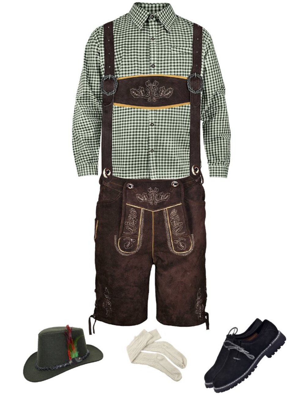 German Oktoberfest Lederhosen Outfit Mens Bavarian Trachten Shirt Hat Shoes Sock